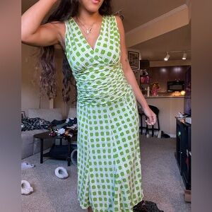 George Stretch - Green & white square patterned dress with plunging neckline
